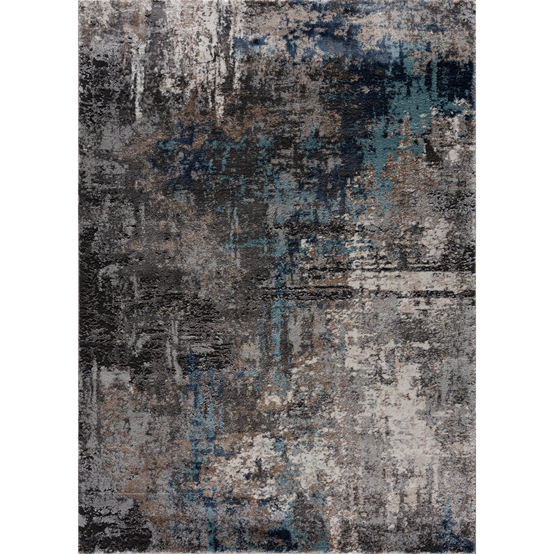 Tapis abstrait bleu tissé à la machine, Rectangle 1 pi 10 po x 3 pi