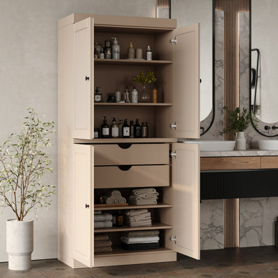 32" W x 71.5" H 100% Solid Wood Freestanding Bathroom Linen Cabinet with Doors, 2 Drawers & Adjustable Shelves – Modular Storage Organizer