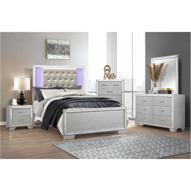 Ensemble de chambre à coucher à panneau en cuir Guylain 3-2 Kanya, Très grand, Argent