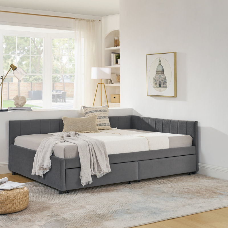 Structure de lit double pleine grandeur avec deux tiroirs - Velours gris pour la chambre à coucher