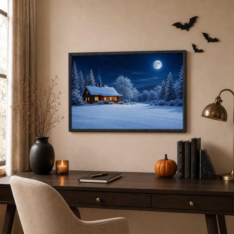 Toile enneigée en bois avec fenêtre chaleureuse sous Halloween, H 24 po x l 36 po