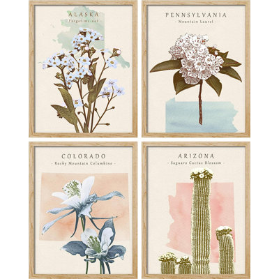 Affiche, aquarelle, état pastel, variété, nature, nature sauvage, illustrations, art moderne, impression florale, botanique, campagne / campagne pour la chambre à coucher, reproduction encadrée de 4 pièces