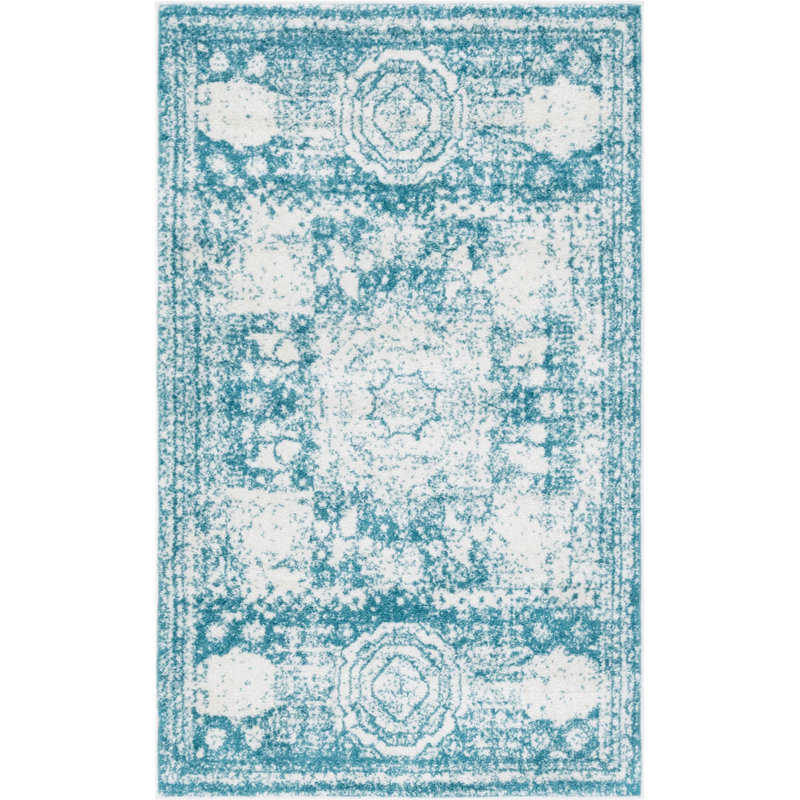 Tapis turquoise à motif géométrique Rizo, Rectangle 3 pi 3 po x 5 pi 3 po