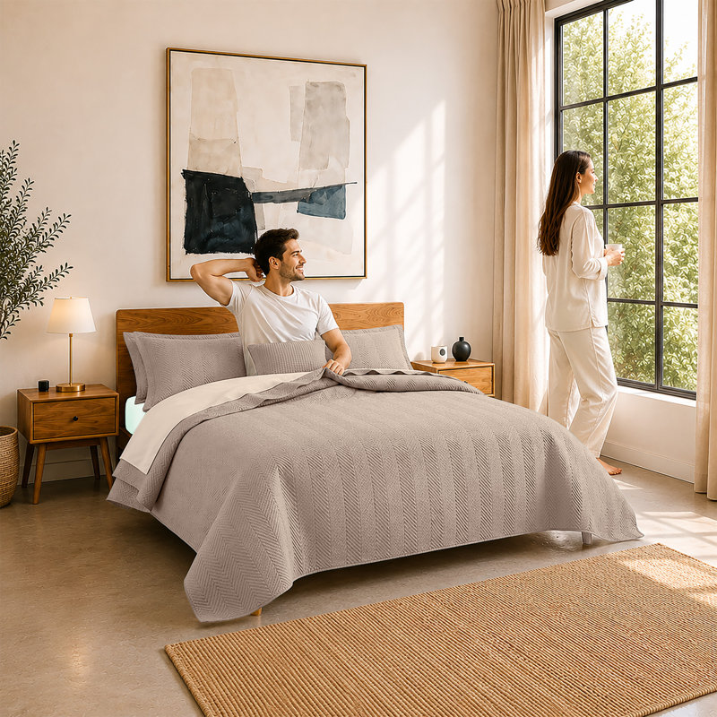Ensemble de couvre-lit d'été léger, Grand lit, Beige