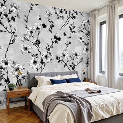 Boho Peel and Stick Wallpaper Serene Monochrome Botanical Line Art Floral Wall Murals 100"H x 144"W Removable PVC Wall Paper Self-Adhesive Vintage Botanical Wall Decor for Bedroom Living Room
