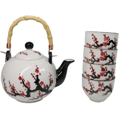 White Pink Sakura Cherry Blossoms Porcelain 30Oz Teapot And 4 Tea Cups Set