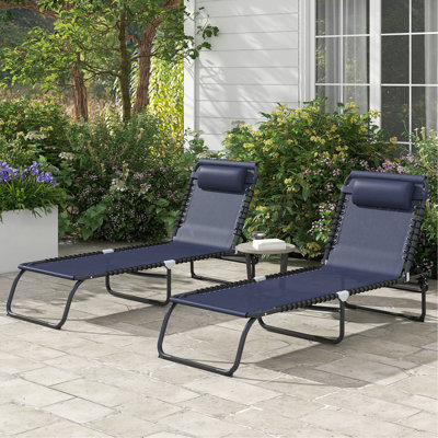 Ensemble de 2 chaises longues pliantes, chaise longue de bronzage, chaise longue d'extérieur avec dossier inclinable, coussin, siège en filet respirant et filet pour plage, bleu foncé