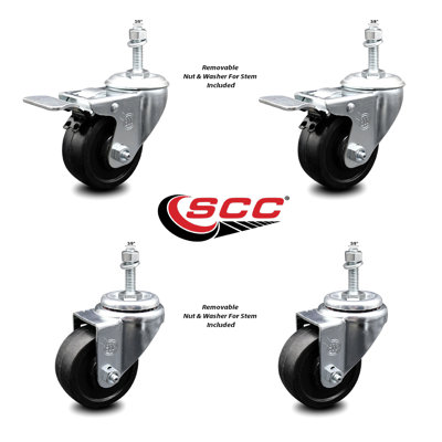 Rubber Wheel Swivel 3/8 Inch Stem Caster Set 2 Total Lock Brake