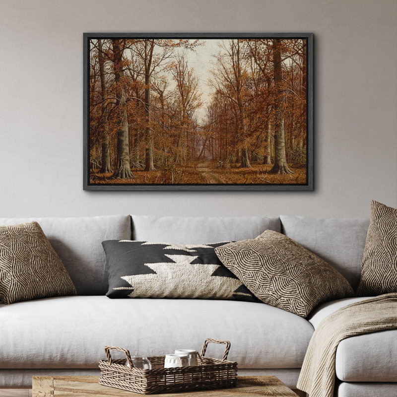 Automne «Forêt rustique avec feuilles tombantes» sur, Cadre flottant noir, H 16 po x l 24 po