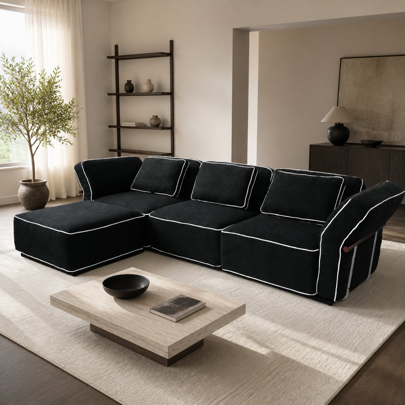 Upholstered 128.36" Boucle Slipcovered Flared Arm Sectional Sofa With Ottoman, Black Boucle