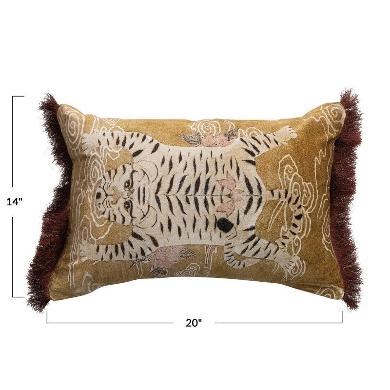 Tibetan Tiger Print Fringe Cotton Velvet Lumbar Pillow