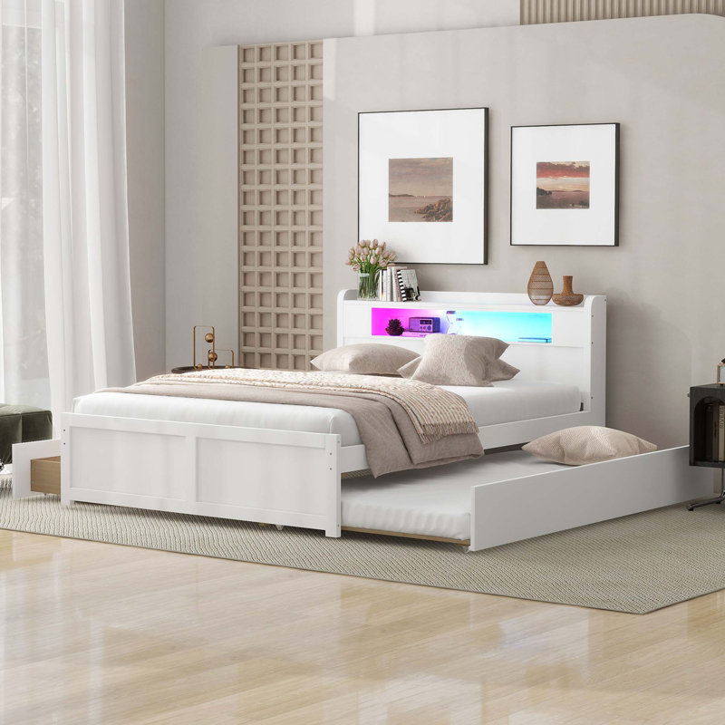 Lit plateforme avec rangement en bois avec DEL, 2 tiroirs et 1 lit gigogne, Blanc