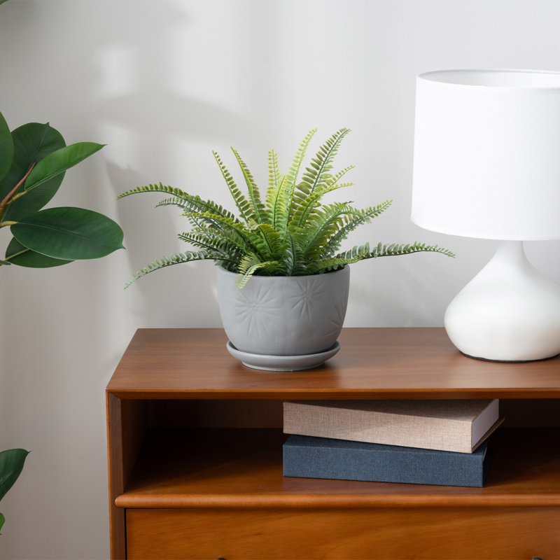 7" Grey Ceramic Indoor Planter – Embossed Sunburst Flower Pot with Drainage Hole and Attached Saucer