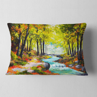 River in Green Autumn Forest - Landscape Printed Throw Pillow