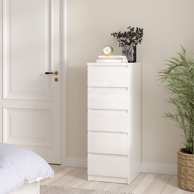 Caton 5 - Drawer Chest of Drawers, White High Gloss