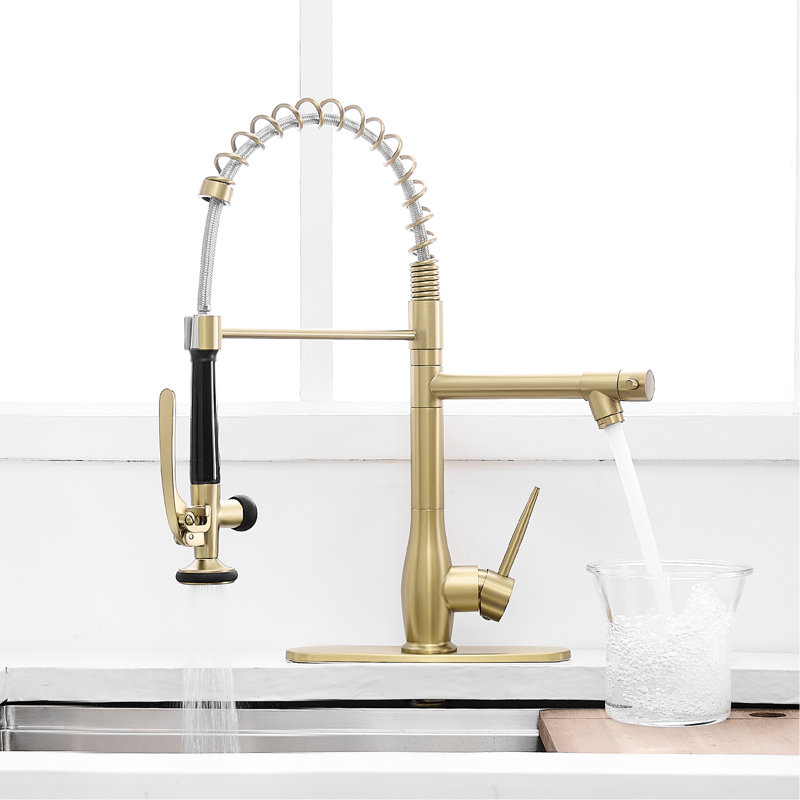 Brushed Gold Single Lever Kitchen Sink Faucet With Pull Down , Stain - Surface, Fast Installation Contemporary In Gold, Hole Design, Efficient Water Mixing