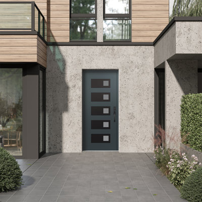 D2 Left-Hand 36 In. X 80 In. Panel Black Steel Anthracite And Anthracite Frosted Glass Prehung Front Entry Door
