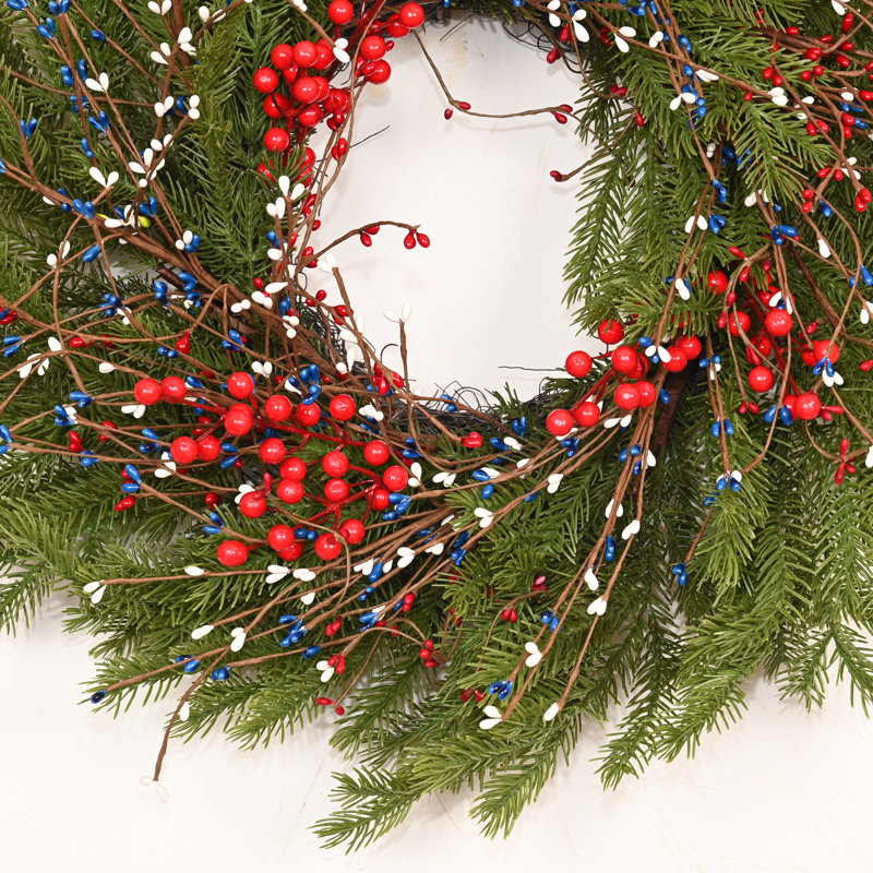 Couronne de sapin de Noël 24 po, Vert / Rouge / Blanc