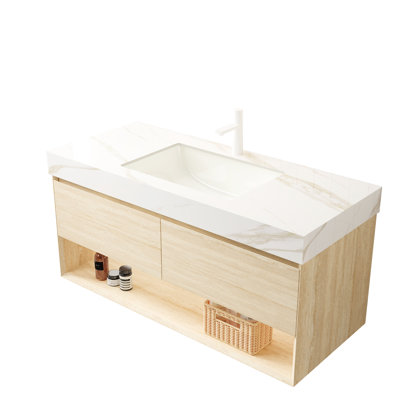 Bathroom Vanity With Texture Finish, Inlaid Ceramic Basin, Gold Sintered Stone Top, Plywood Cabinet And Soft - Close Drawers Featuring 45 Degree Edge Design, Countertop, Storage System