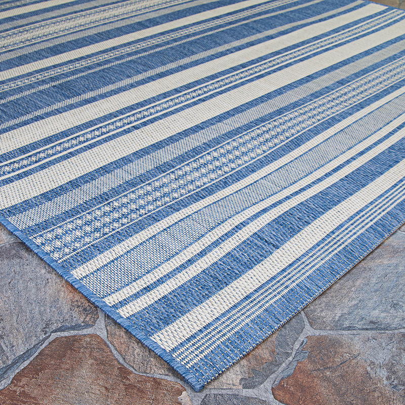 Sania Striped Indoor Outdoor Area Rug, Square 7'6", Ivory / Blue