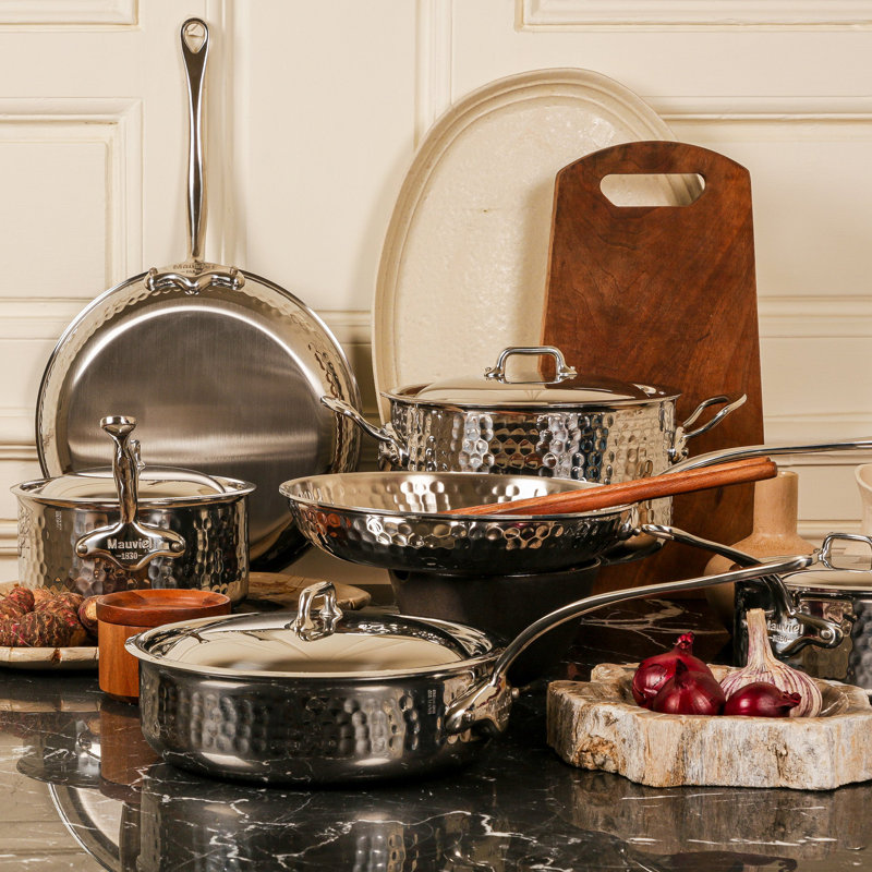 Mauviel M'ELITE Splayed Saute Pan With Dome Lid, Cast Stainless Steel Handles, 3.3-Qt
