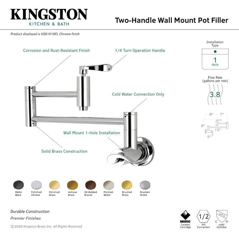 Kingston Brass NuWave Two-Handle 1-Hole Wall Mount Pot Filler Faucet, Polished Brass