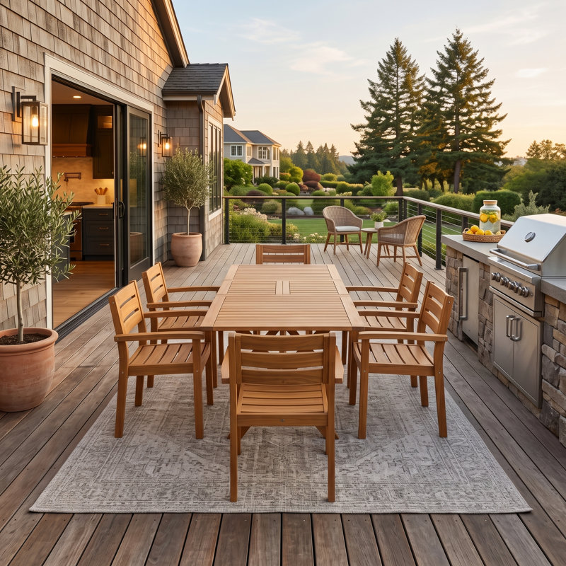 Ensemble de salle à manger 7 pièces en bois d'acacia avec table extensible et 6 chaises, teck