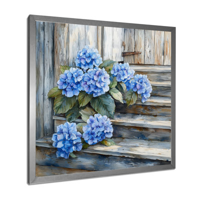 Hortensias sur les marches de grange I - hydrangées, art mural