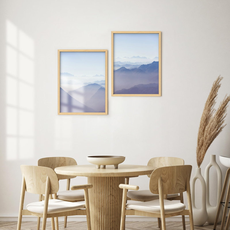 Reproduction d'art encadrée, dégradé pastel bleu, chaîne de montagnes et horizon, photographie de la nature, paysage, illustration décorative pour le salon, la chambre à coucher, le bureau