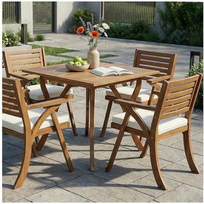 Outdoor Hermosa 5 Piece Wood Dining Set With Cushions, Teak Finish With Cream Cushion