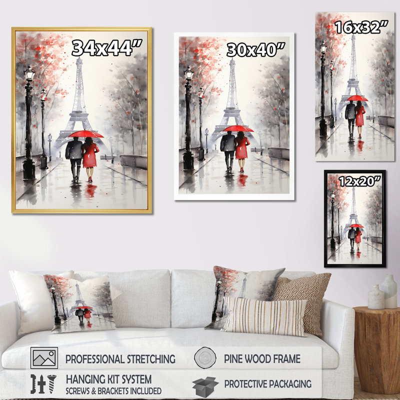 «Paris Couple in Love Vintage Eiffel Tower I», reproduction sur toile, H 44 po x l 34 po x P 1,5 po