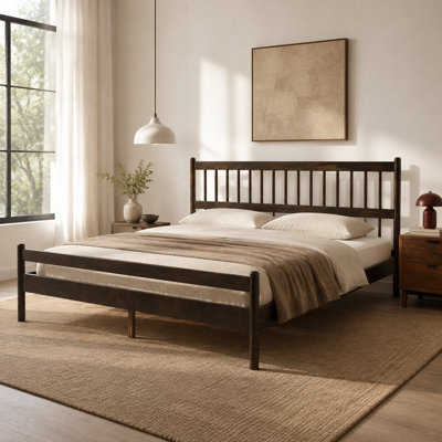 Traditional King Size Bed with Headboard and Footboard, Pinewood Frame in Brown