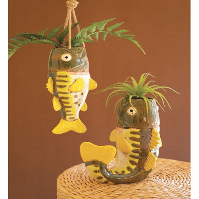  Ceramic Largemouth Bass Tabletop Vase Set of 2 - 10" H