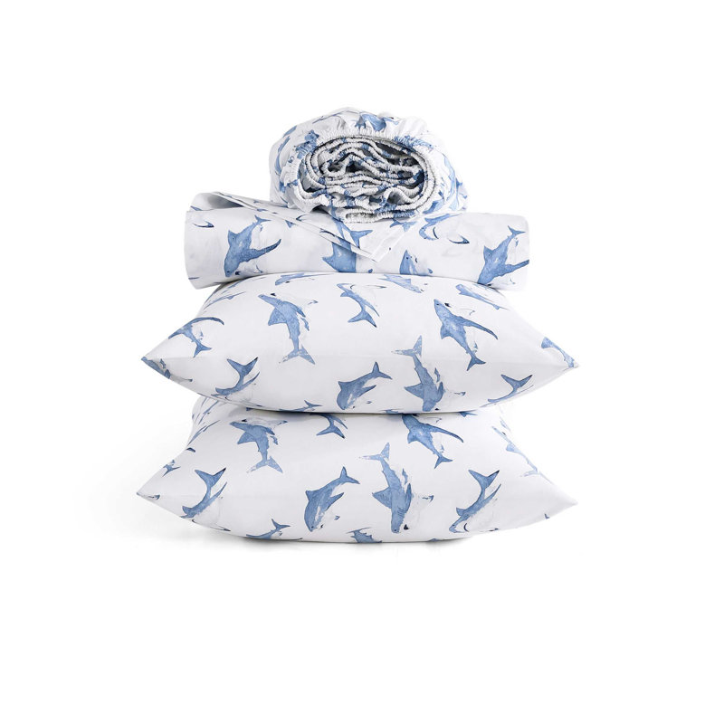 Ensemble de draps en coton percale Poppy & Fritz, Ensemble de draps grand lit + 2 taies d'oreiller, Bleu