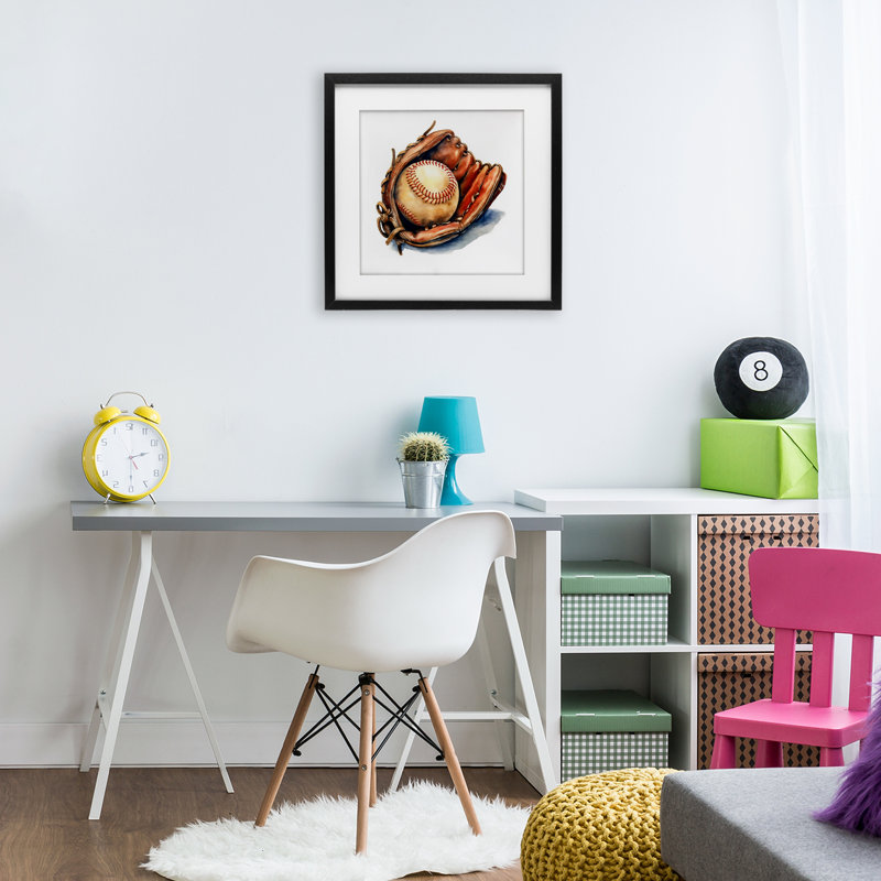 Gant et balle en cuir, reproduction encadrée sous verre, design by Creative Studio, 13 x 13