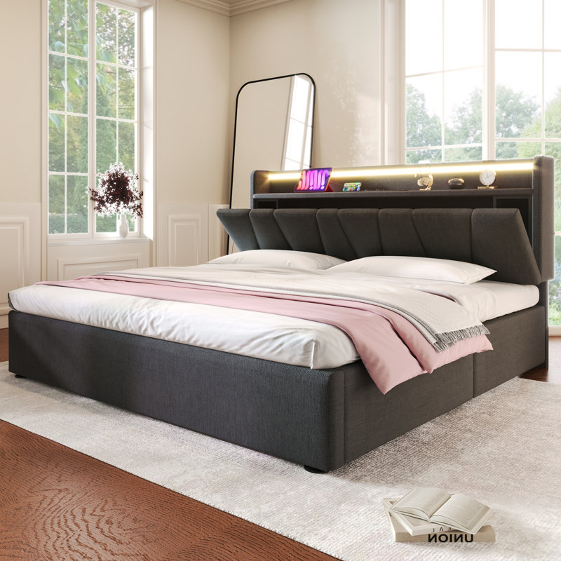  Estella Grey Linen Upholstered 5Ft King Size Ottoman Bed (150 X 200 Cm) With USB Charging Function, Storage Headboard And LED Lighting Wooden Slatted Frame (No Mattress)