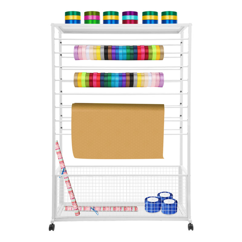 16 Tier Freestanding Ribbon Holder Organizer Rack Flower Wrapping Paper Storage Stand, White, 59.06" H x 39.37" W x 12.6" D
