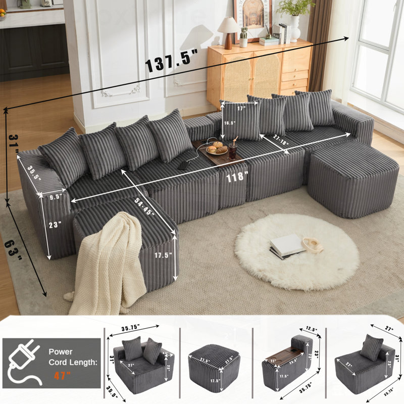 Canapé en U en velours côtelé avec charge USB et sans fil, table basse, porte-gobelet et repose-pieds mobile pour une assise confortable