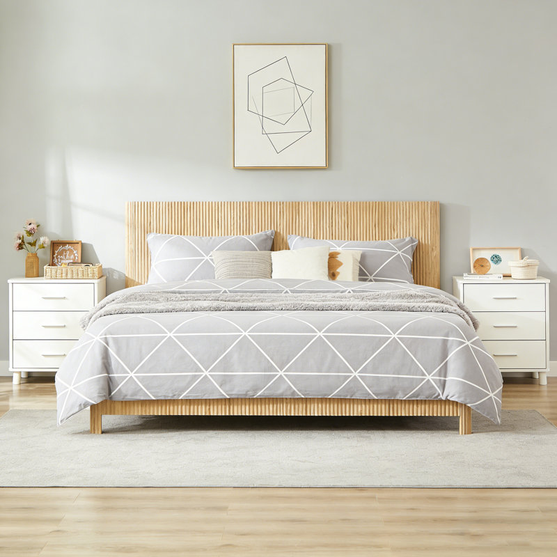 Structure de lit très grand en bois avec lignes courbes ondulées, sans sommier tapissier (chêne), Chêne