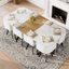 Ensemble de salle à manger carré 9 pièces avec table fixe en faux marbre 8 chaises, bois blanc doux