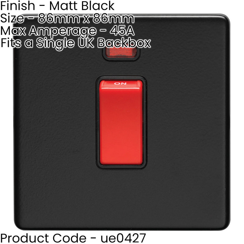 1 Gang Single 45A DP Cooker Switch & Neon SCREWLESS MATT BLACK Slim Rocker, Matte Black, Black