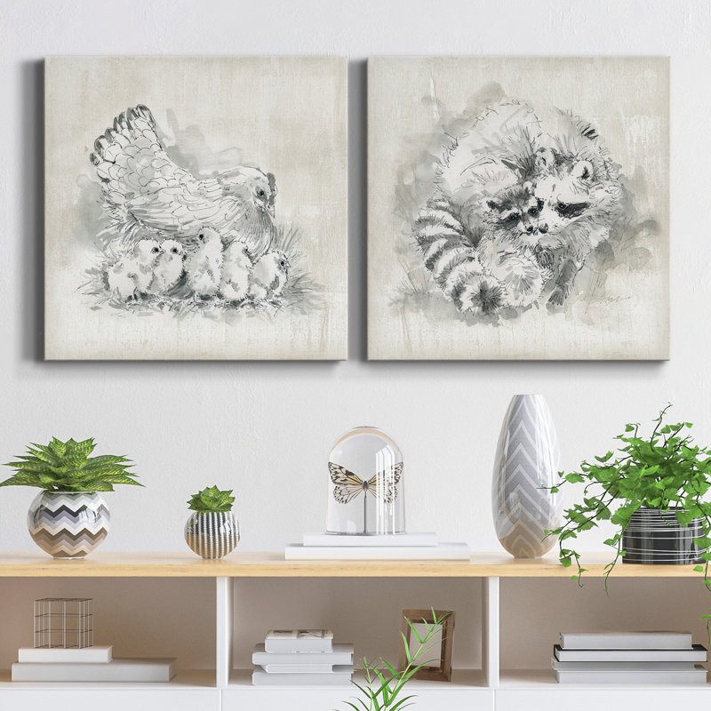 Hen and Chicks - 2 pièces, reproduction d'art sur toile tendue, H 32 po x l 64 po x P 1 po