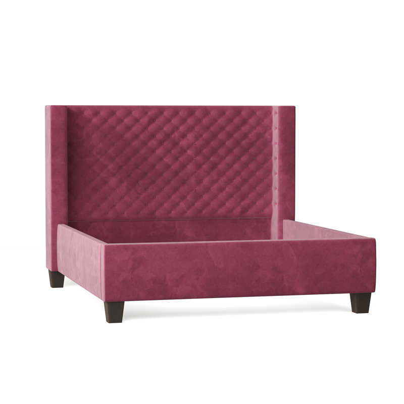 Bren Upholstered Wingback Bed, Queen, Savona Fuchsia, Brown Mahogany