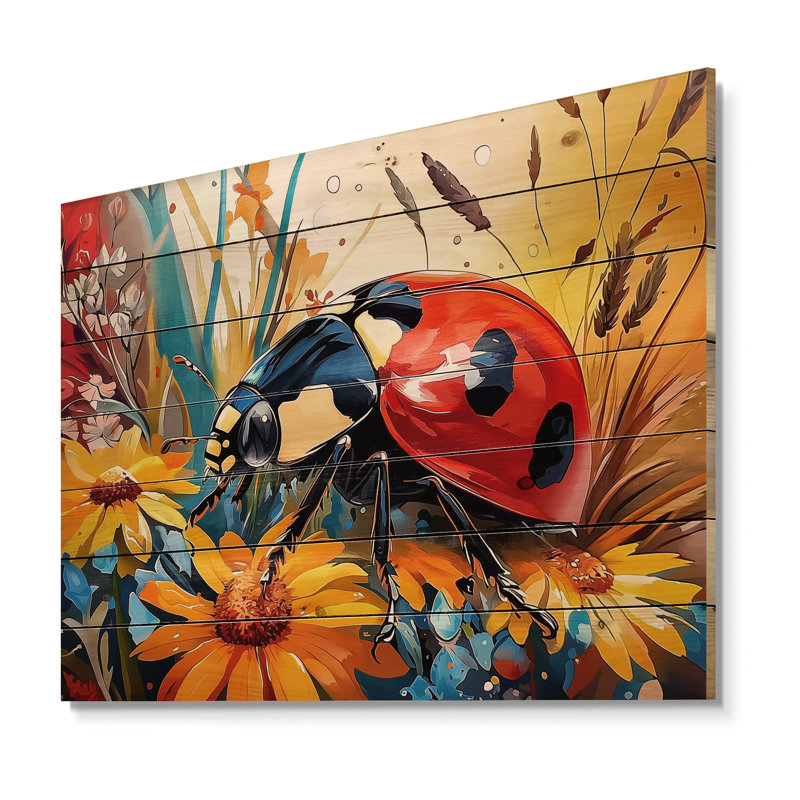Aquarelle coccinelles Dreamy Garden I - coccinelle, impression sur bois rouge sur bois de pin naturel, H 24 po x l 32 po