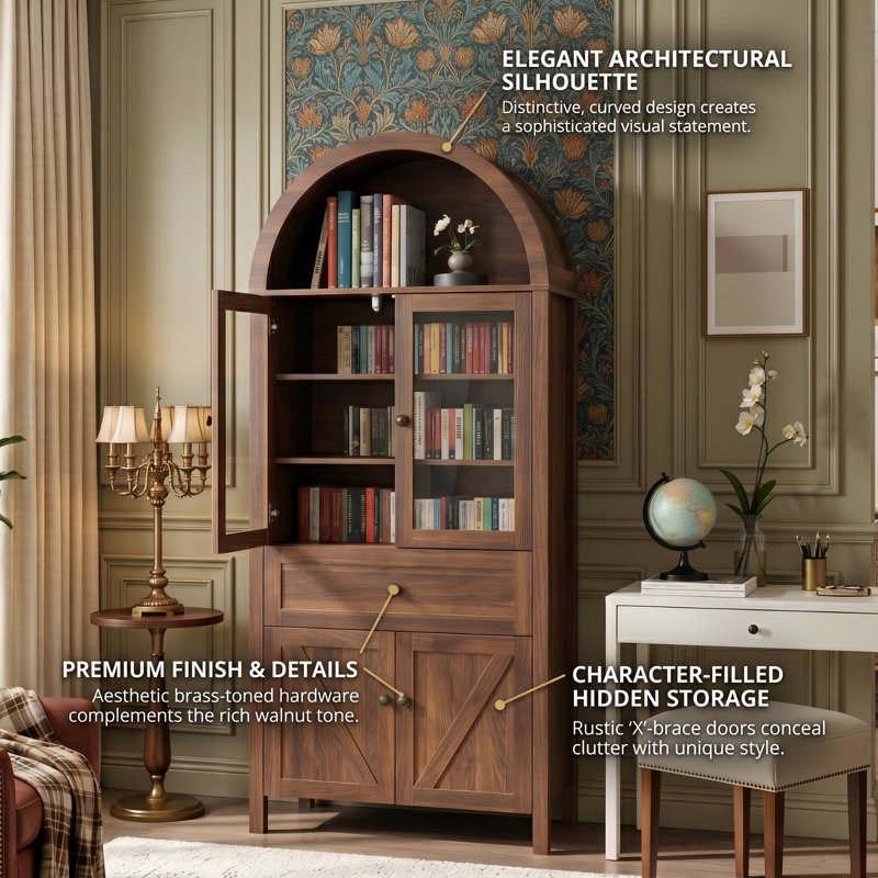 72" Arched Silhouette Storage Cabinet, Timeless Dome Top Display Shelving With 5+ Tier Compartments (Available In Walnut, Oak & Noir)
