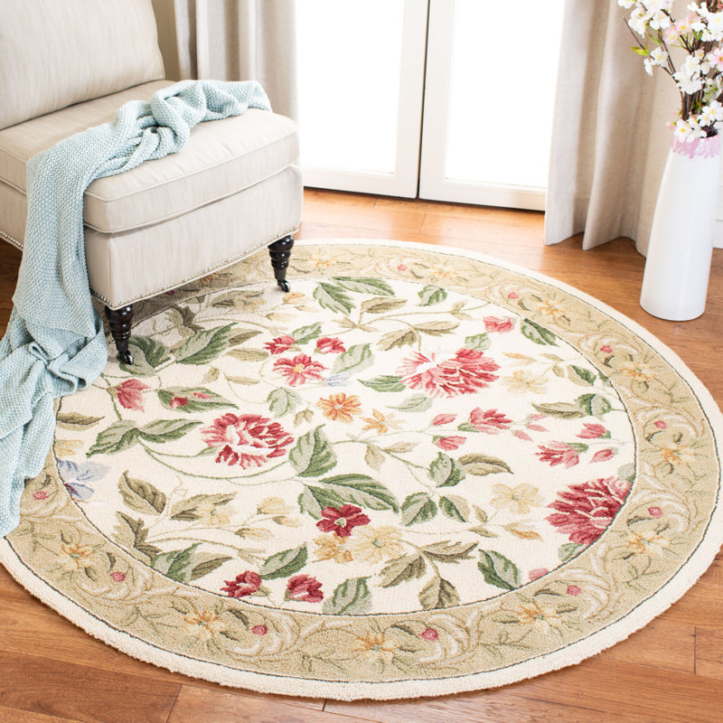 Tapis d'intérieur bouclé fabriqué à la main à motif floral ivoire / beige Hollander, Rond 5 pi 6 po