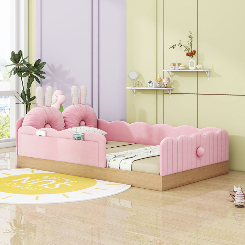 Lit plateforme simple tapissier avec coussins et sacs de rangement pour animaux, Rose