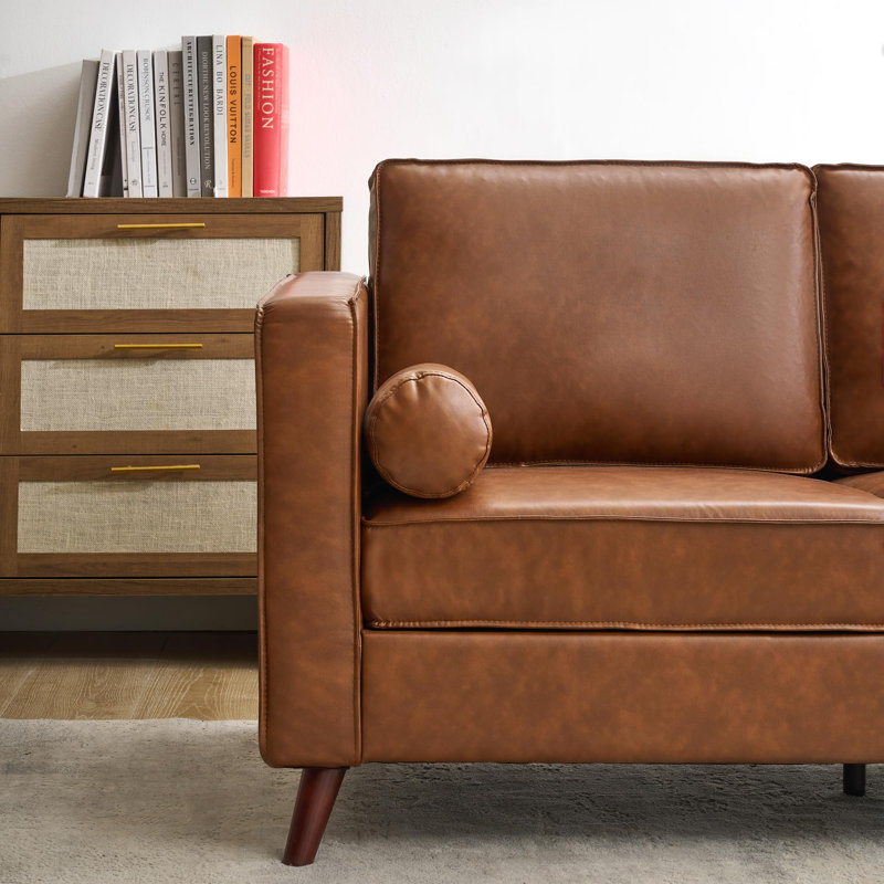 81" Mid-Century Modern Faux Leather 3-Seater Sofa, Deep Seat Couch for Living Room, Apartment, or Home Office