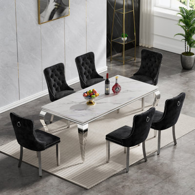 68" Luxury Faux Marble Dining Table Set, Modern Kitchen Table with Stainless Steel Pedestal, Modern Dining Room Table with Velvet Dining Chairs, Dining Table Set