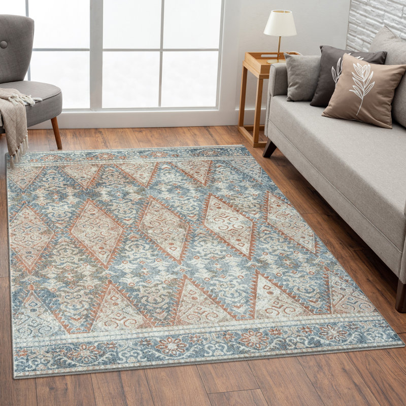 Tapis bleu à motif géométrique Lussi, Rectangle 5 pi x 7 pi
